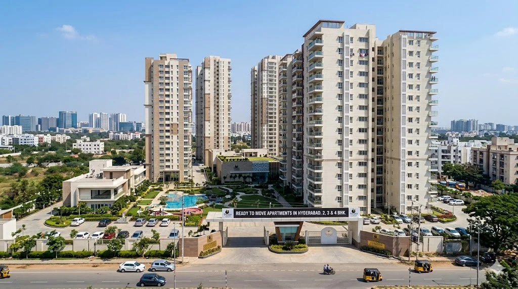 Exterior view of a completed and ready-to-move premium luxury apartment by Prestige Group in Hyderabad.